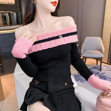 FA51402# 长袖毛衣修身一字领露肩性感修身韩版简约百搭甜美女装新款 服裝批發女裝批發服飾貨源