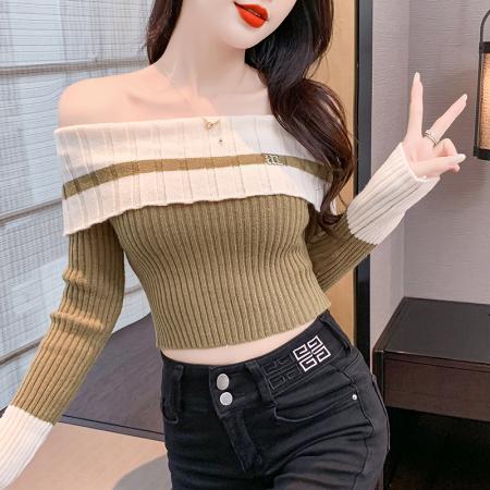 FA51402# 长袖毛衣修身一字领露肩性感修身韩版简约百搭甜美女装新款 服裝批發女裝批發服飾貨源