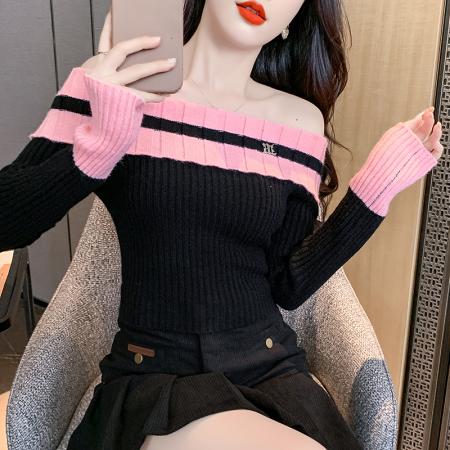 FA51402# 长袖毛衣修身一字领露肩性感修身韩版简约百搭甜美女装新款 服裝批發女裝批發服飾貨源