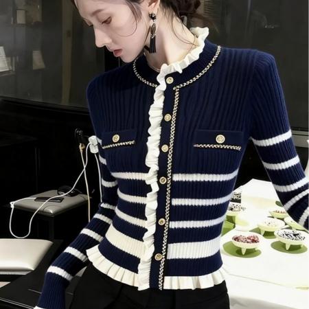 FA51403# 小香风条纹针织开衫木耳边拼接装饰修身显瘦短款毛衣外套女 服裝批發女裝批發服飾貨源
