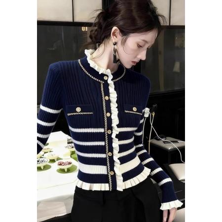 FA51403# 小香风条纹针织开衫木耳边拼接装饰修身显瘦短款毛衣外套女 服裝批發女裝批發服飾貨源