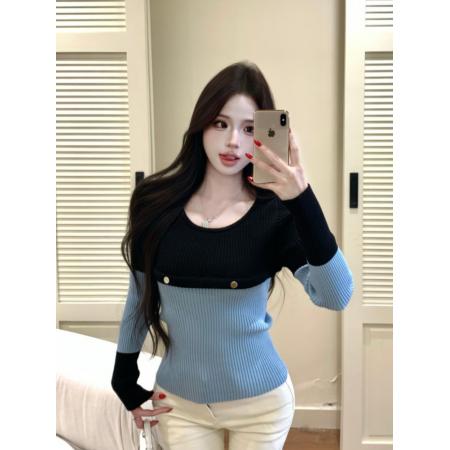 FA51404# 洋气时髦撞色针织衫女韩系修身正肩打底衫早秋氛围感穿搭上衣 服裝批發女裝批發服飾貨源