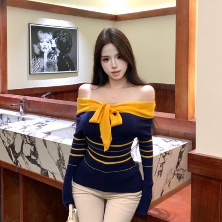 FA51406# 秋季上新女装韩系绝美超好看撞色条纹一字领针织衫上衣女 服裝批發女裝批發服飾貨源