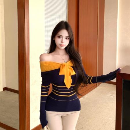 FA51406# 秋季上新女装韩系绝美超好看撞色条纹一字领针织衫上衣女 服裝批發女裝批發服飾貨源