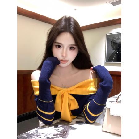 FA51406# 秋季上新女装韩系绝美超好看撞色条纹一字领针织衫上衣女 服裝批發女裝批發服飾貨源