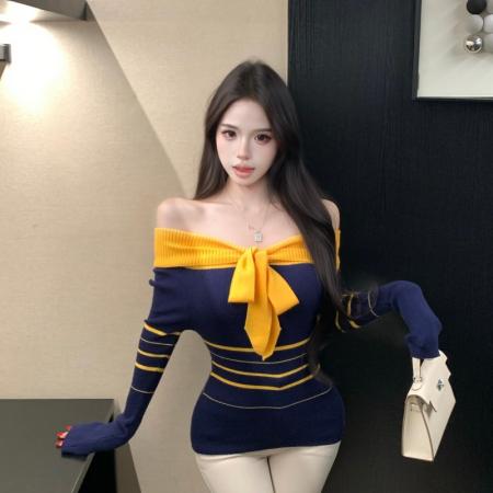 FA51406# 秋季上新女装韩系绝美超好看撞色条纹一字领针织衫上衣女 服裝批發女裝批發服飾貨源