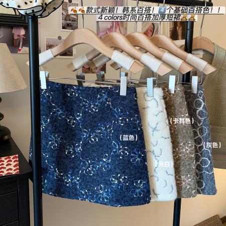 FA51407# 毛呢绣花短裙女半身裙子冬季新款高腰显瘦防走光包臀a字裙潮 服裝批發女裝批發服飾貨源