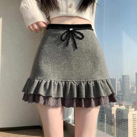 FA51408# 韩国东大门闪闪秋冬新款抽绳木耳花边毛呢粗纺短裙女高腰显瘦裙子 服裝批發女裝批發服飾貨源
