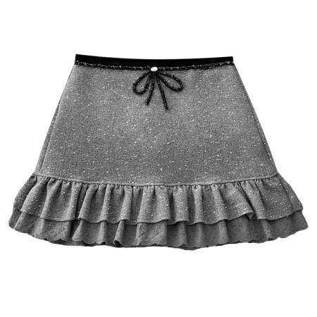 FA51408# 韩国东大门闪闪秋冬新款抽绳木耳花边毛呢粗纺短裙女高腰显瘦裙子 服裝批發女裝批發服飾貨源