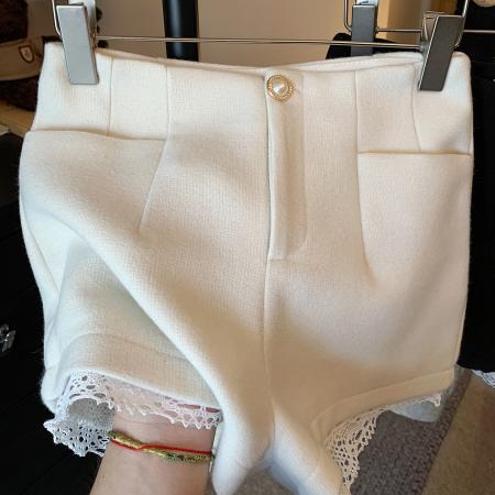 FA51409# 短裤女新款秋冬外穿高腰显瘦辣妹毛呢a字蕾丝阔腿的休闲裤 服裝批發女裝批發服飾貨源