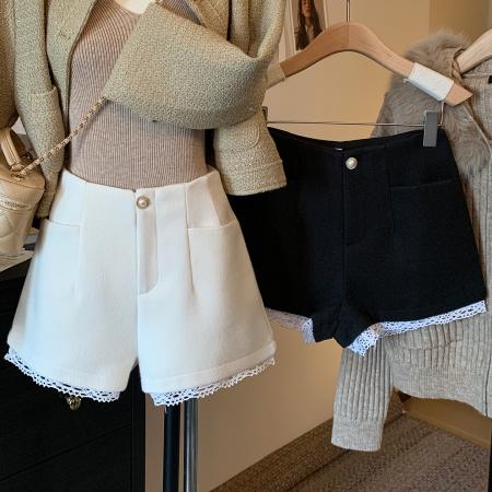 FA51409# 短裤女新款秋冬外穿高腰显瘦辣妹毛呢a字蕾丝阔腿的休闲裤 服裝批發女裝批發服飾貨源
