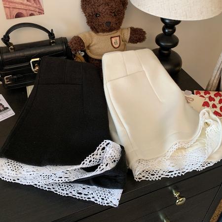 FA51409# 短裤女新款秋冬外穿高腰显瘦辣妹毛呢a字蕾丝阔腿的休闲裤 服裝批發女裝批發服飾貨源