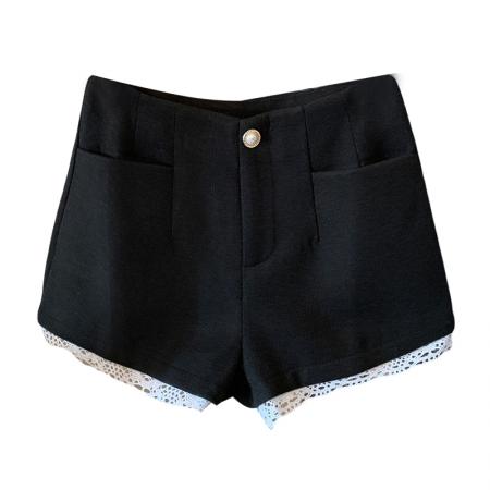 FA51409# 短裤女新款秋冬外穿高腰显瘦辣妹毛呢a字蕾丝阔腿的休闲裤 服裝批發女裝批發服飾貨源