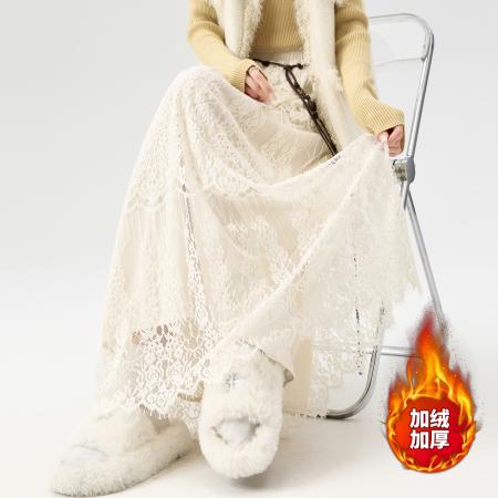 FA51410# 白色盐系温柔风半身裙女装秋冬高腰松紧腰加绒加厚A字裙蕾丝长裙 服裝批發女裝批發服飾貨源