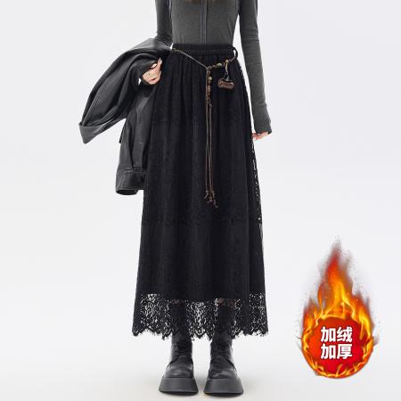 FA51410# 白色盐系温柔风半身裙女装秋冬高腰松紧腰加绒加厚A字裙蕾丝长裙 服裝批發女裝批發服飾貨源