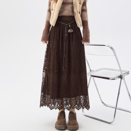 FA51410# 白色盐系温柔风半身裙女装秋冬高腰松紧腰加绒加厚A字裙蕾丝长裙 服裝批發女裝批發服飾貨源