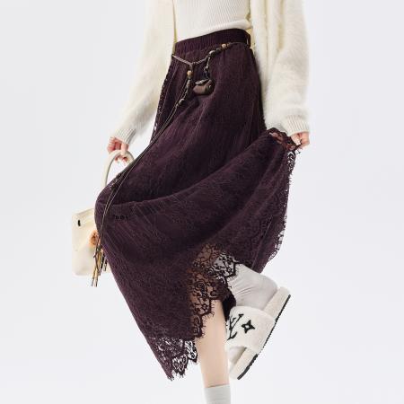 FA51410# 白色盐系温柔风半身裙女装秋冬高腰松紧腰加绒加厚A字裙蕾丝长裙 服裝批發女裝批發服飾貨源