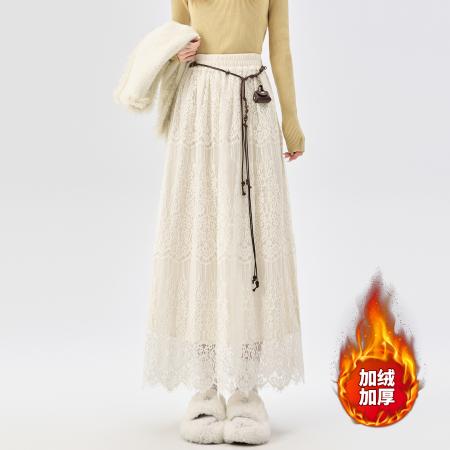 FA51410# 白色盐系温柔风半身裙女装秋冬高腰松紧腰加绒加厚A字裙蕾丝长裙 服裝批發女裝批發服飾貨源