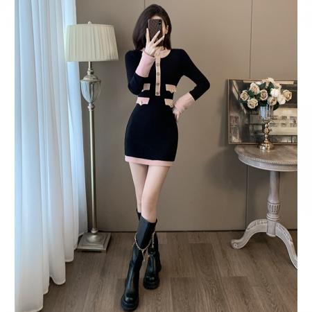 FA51414# 韩国富家千金赫本风小黑裙小个子御姐风小香风打底针织毛衣连衣裙 服裝批發女裝批發服飾貨源