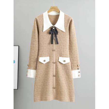 FA51415# 韩国气质女神范法式翻领蝴蝶结秋冬季长袖收腰针织连衣裙温柔 服裝批發女裝批發服飾貨源