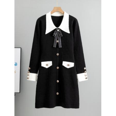 FA51415# 韩国气质女神范法式翻领蝴蝶结秋冬季长袖收腰针织连衣裙温柔 服裝批發女裝批發服飾貨源