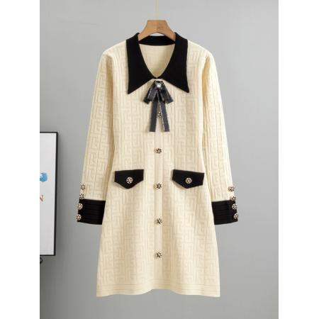 FA51415# 韩国气质女神范法式翻领蝴蝶结秋冬季长袖收腰针织连衣裙温柔 服裝批發女裝批發服飾貨源