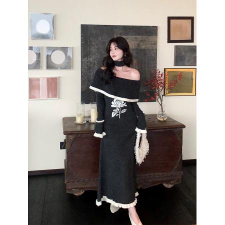 FA51416# 韩国大圆领围脖花朵羊毛针织连衣裙女冬喇叭袖收腰A型打底裙 服裝批發女裝批發服飾貨源