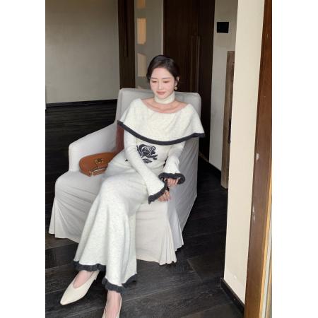 FA51416# 韩国大圆领围脖花朵羊毛针织连衣裙女冬喇叭袖收腰A型打底裙 服裝批發女裝批發服飾貨源