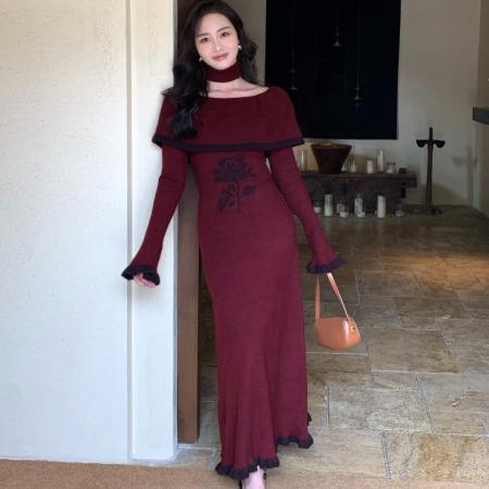 FA51416# 韩国大圆领围脖花朵羊毛针织连衣裙女冬喇叭袖收腰A型打底裙 服裝批發女裝批發服飾貨源