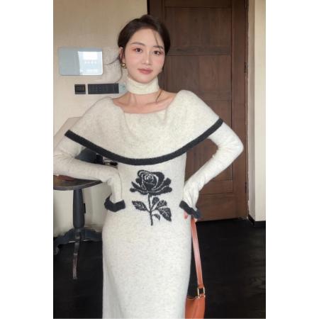 FA51416# 韩国大圆领围脖花朵羊毛针织连衣裙女冬喇叭袖收腰A型打底裙 服裝批發女裝批發服飾貨源