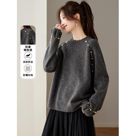 FA51417# 新款高级慵懒灰色钉珠毛衣女秋冬宽松加厚松弛感可外穿针织衫 服裝批發女裝批發服飾貨源