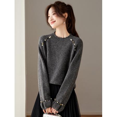 FA51417# 新款高级慵懒灰色钉珠毛衣女秋冬宽松加厚松弛感可外穿针织衫 服裝批發女裝批發服飾貨源