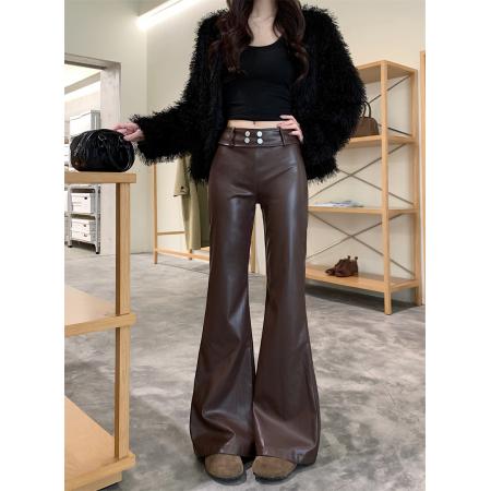 FA51420# 微喇加绒皮裤女秋冬休闲裤美式复古显瘦百搭拖地裤 服裝批發女裝批發服飾貨源