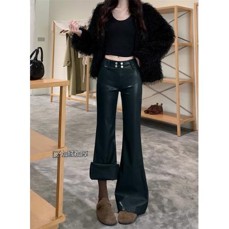 FA51420# 微喇加绒皮裤女秋冬休闲裤美式复古显瘦百搭拖地裤 服裝批發女裝批發服飾貨源