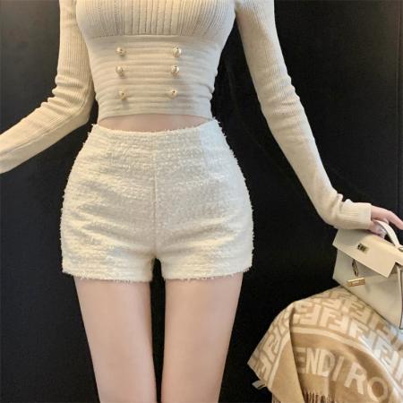 FA51421# 毛呢短裤女高腰显瘦百搭粗花呢阔腿休闲裤时尚靴裤 服裝批發女裝批發服飾貨源