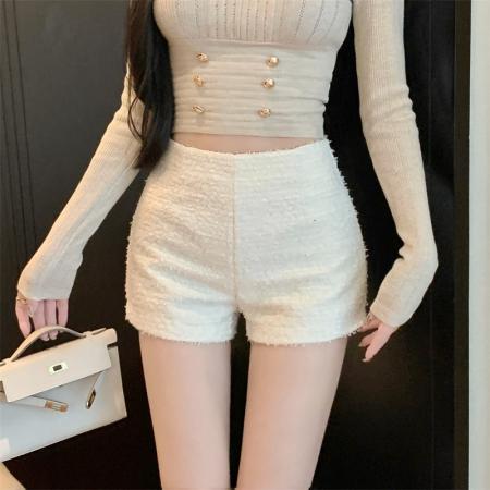 FA51421# 毛呢短裤女高腰显瘦百搭粗花呢阔腿休闲裤时尚靴裤 服裝批發女裝批發服飾貨源