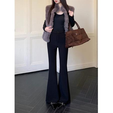 FA51422# 黑色微喇西装裤女秋冬加绒新款百搭修身弹力喇叭拖地裤 服裝批發女裝批發服飾貨源