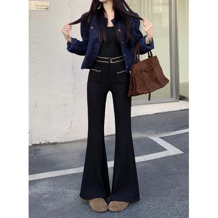 FA51423# 加绒加厚黑色小香风链条微喇裤女冬季高腰显瘦长裤 服裝批發女裝批發服飾貨源