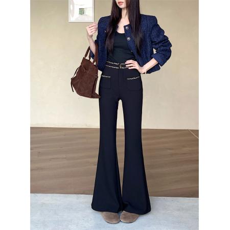 FA51423# 加绒加厚黑色小香风链条微喇裤女冬季高腰显瘦长裤 服裝批發女裝批發服飾貨源