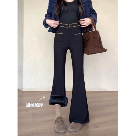 FA51423# 加绒加厚黑色小香风链条微喇裤女冬季高腰显瘦长裤 服裝批發女裝批發服飾貨源