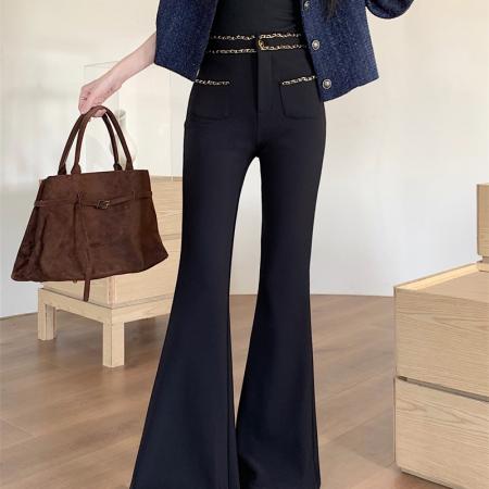 FA51423# 加绒加厚黑色小香风链条微喇裤女冬季高腰显瘦长裤 服裝批發女裝批發服飾貨源