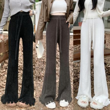 FA51424# 美拉德色系女秋冬水貂绒高腰垂感针织阔腿裤休闲直筒裤 服裝批發女裝批發服飾貨源