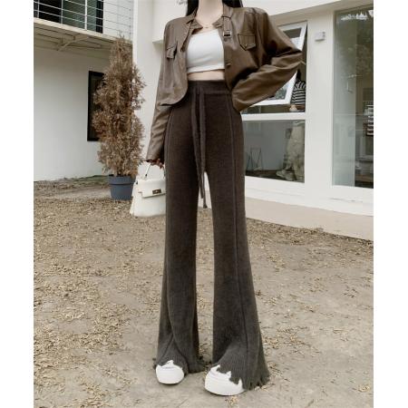 FA51424# 美拉德色系女秋冬水貂绒高腰垂感针织阔腿裤休闲直筒裤 服裝批發女裝批發服飾貨源