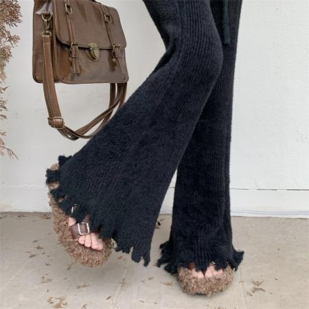 FA51424# 美拉德色系女秋冬水貂绒高腰垂感针织阔腿裤休闲直筒裤 服裝批發女裝批發服飾貨源