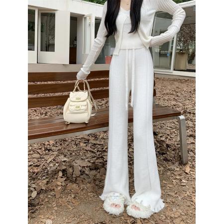 FA51424# 美拉德色系女秋冬水貂绒高腰垂感针织阔腿裤休闲直筒裤 服裝批發女裝批發服飾貨源