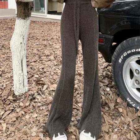 FA51424# 美拉德色系女秋冬水貂绒高腰垂感针织阔腿裤休闲直筒裤 服裝批發女裝批發服飾貨源