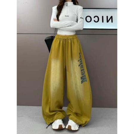 FA51429# 重工水洗渐变色字母印花阔腿裤女秋冬加绒款高街爵士舞休闲弯刀裤 服裝批發女裝批發服飾貨源