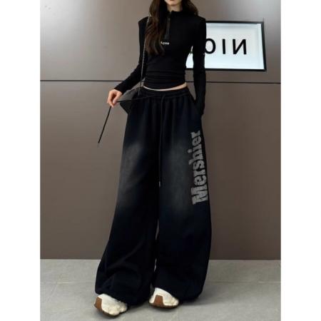 FA51429# 重工水洗渐变色字母印花阔腿裤女秋冬加绒款高街爵士舞休闲弯刀裤 服裝批發女裝批發服飾貨源