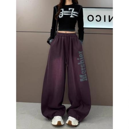 FA51429# 重工水洗渐变色字母印花阔腿裤女秋冬加绒款高街爵士舞休闲弯刀裤 服裝批發女裝批發服飾貨源