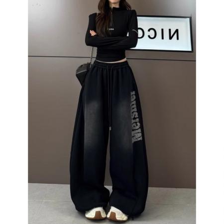 FA51429# 重工水洗渐变色字母印花阔腿裤女秋冬加绒款高街爵士舞休闲弯刀裤 服裝批發女裝批發服飾貨源